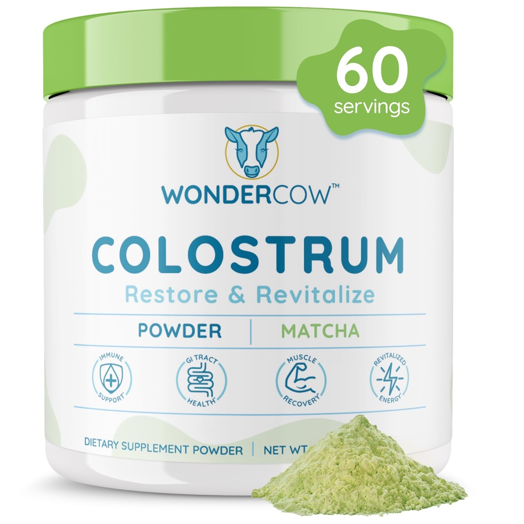 WONDERCOW Colostrum Supplement Toz for Gut Health, Immune Support, Muscle Recovery & Wellness | Natural IgG Pure Whole Bovine Colostrum Superfood, Matcha, 60 Hizmetler