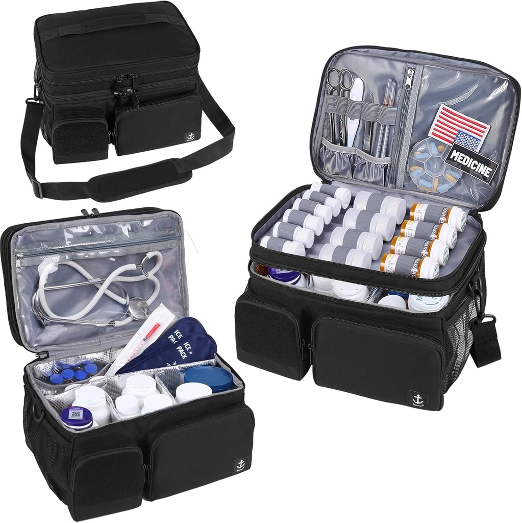 Double Layers Medicine Bag with Insulated Compartment Pill Bottle Organizer with Lockable Zipper,Travel Medicine Organizer with Soft Shoulder Straps for Pill Bottles, Medical Supplies