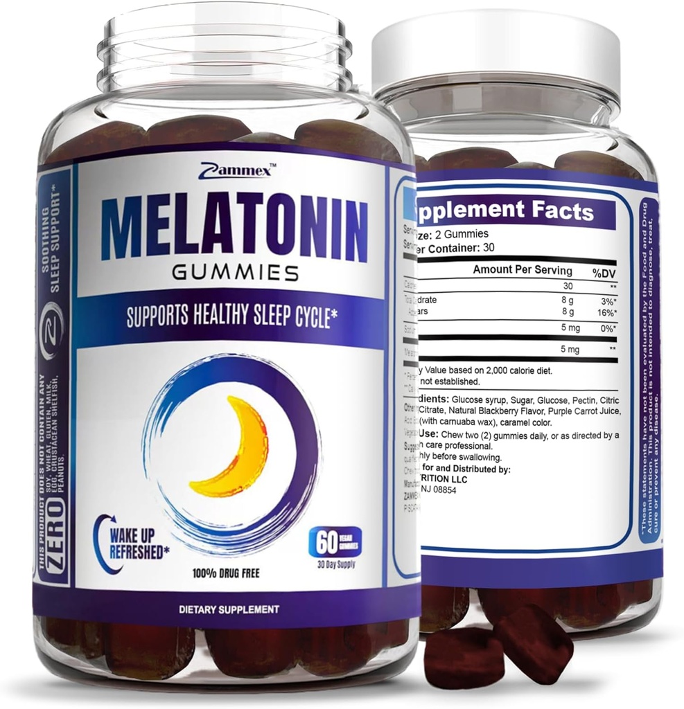Zammex Melatonin Gummies 5mg | 60 Count | Sleep Supplement for Adult | Drug Free Sleep Aid Gummy | Natural Berry Flavor | Vegan, Non-GMO, Gluten Free