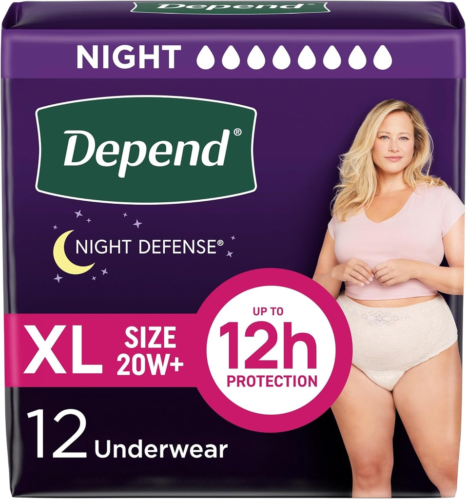 Night Defense Yetişkin Diapers, Incontinence & Postpartum Kadın, Tekil, Gece Ekstra-Large, Blush, 12, Kont Ambalaj Vary