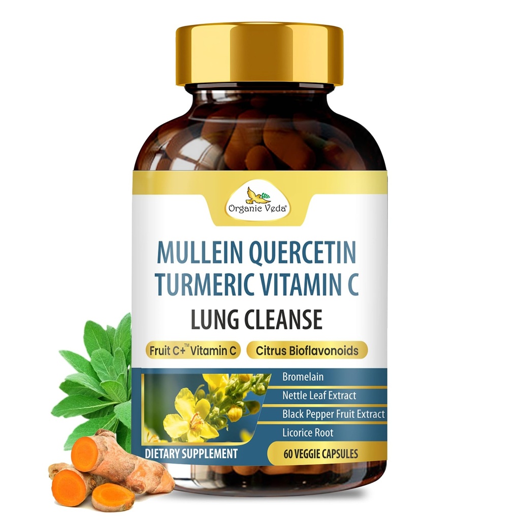 Organic Veda Mullein Turmeric Quercetin Lung Cleanses Capses - Ισχυρά Βιοφλαβονοειδή, Superfruits Vitamin C, Bromelain, Mullein Leaf Extract - Bronchial & Clear Lungs Supplement - 60 Vegan Pills
