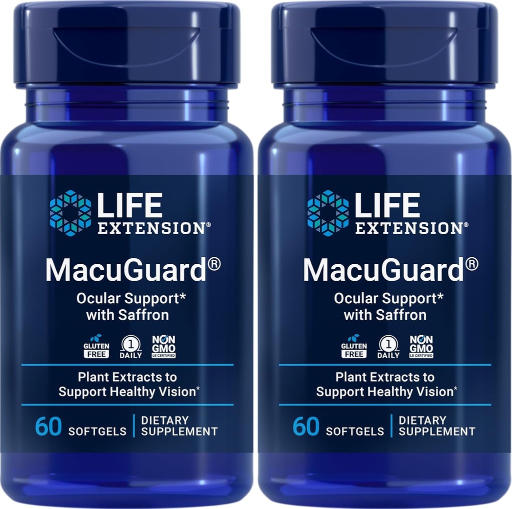 Επέκταση ζωής MacuGuard Οφθαλμική υποστήριξη με Saffron, 60 softgels (πακέτο του 2)