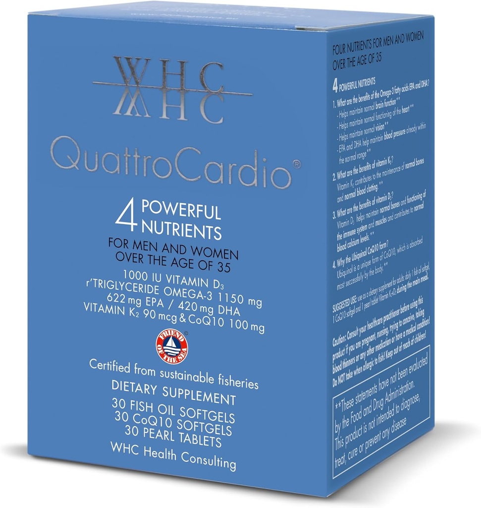WHC QuattroCardio Omega-3 1200 mg, D3 1000 IU, EPA 600 mg, DHA 495 mg, Vitamin K2 90 mcg, CoQ10 100 mg, Natural Orange, 30 Fish Oil Softgels, 30 CoQ10 Softgels & 30 Pearl Tabletleri