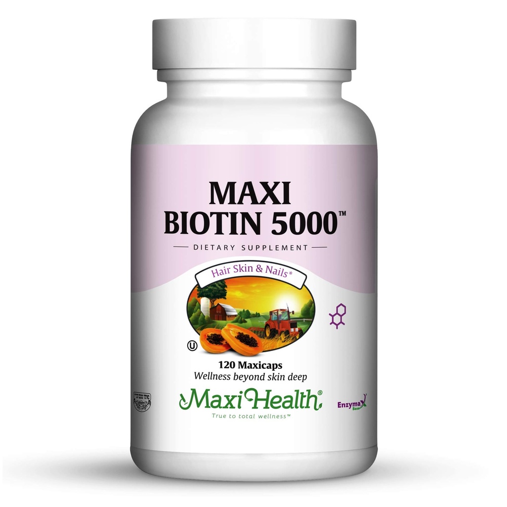 Maxi Health Biotin 5000 mcg – Saç Skin ve Nails Kadınlar ve Erkekler için Vitaminler - Saç Büyümesi için Yüksek Lisans Vitamini B7 Tamam, Güçlü Çiçeği ve Sağlıklı Deri - Kosher, Doktor Formulaed - 120 Capsules