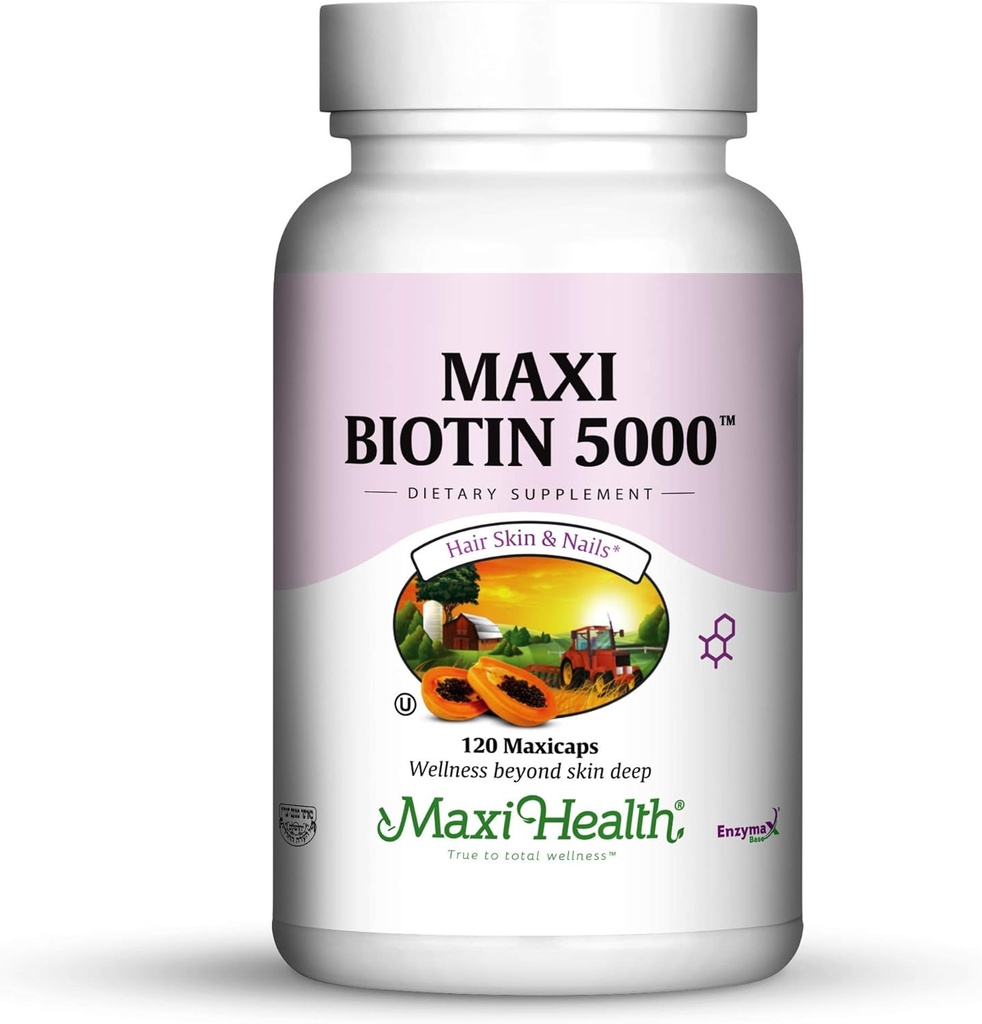 Maxi Health Biotin 5000 mcg – Saç Skin ve Nails Kadınlar ve Erkekler için Vitaminler - Saç Büyümesi için Yüksek Lisans Vitamini B7 Tamam, Güçlü Çiçeği ve Sağlıklı Deri - Kosher, Doktor Formulaed - 120 Capsules
