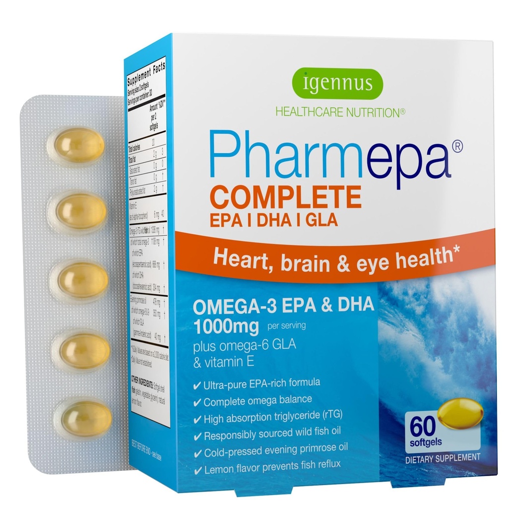 Igennus Pharmepa EPA 668mg & DHA 334 mg Omega-3 Fatty Acids 1000 mg, IFOS sertifikalı, rTG Form, Yüksek Potency Fish Oil Plus Omega & 9 from GLA Evening Primrose Oil, Lemon Flavor, 60 Softgels