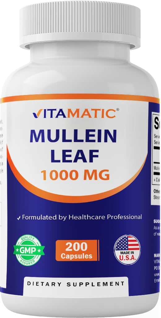 Vitamatic Mullein Leaf 1000 mg per Service - Supports Health Respiratory, Bronchial & Immune Function - 200 Capsules