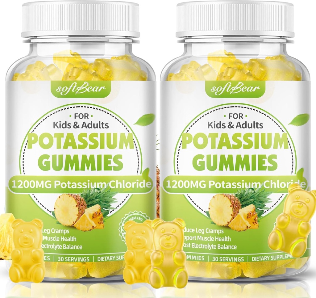 Χλώριο μαλακής αρκούδας 1200mg, Gummies χωρίς ζάχαρη Κάλιο για ενήλικες Υποστηρίξτε τα πόδια Κράμπες υψηλής ισχύος Χλωριούχο κάλιο συμπλήρωμα, Ανανάς Γεύση 120 Count