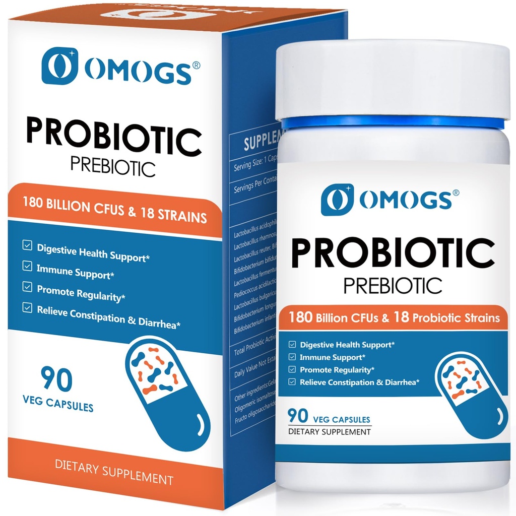 OMOGS Probiyotiks 120 Milyar CFUs 18 Strains, 3 Prebiyotiks & Digestive Enzymes, Helps Digestive, Gut Health, Immune, Supports Occasional Constipation, Diarrhea & Gas - for Women & Men, 60 Capsules