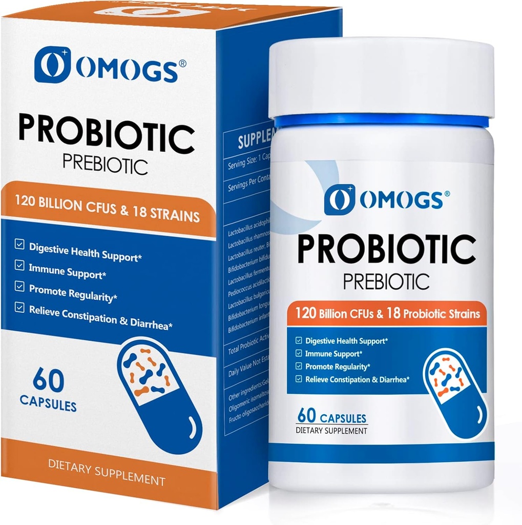OMOGS Probiyotiks 120 Milyar CFUs 18 Strains, 3 Prebiyotiks & Digestive Enzymes, Helps Digestive, Gut Health, Immune, Supports Occasional Constipation, Diarrhea & Gas - for Women & Men, 60 Capsules