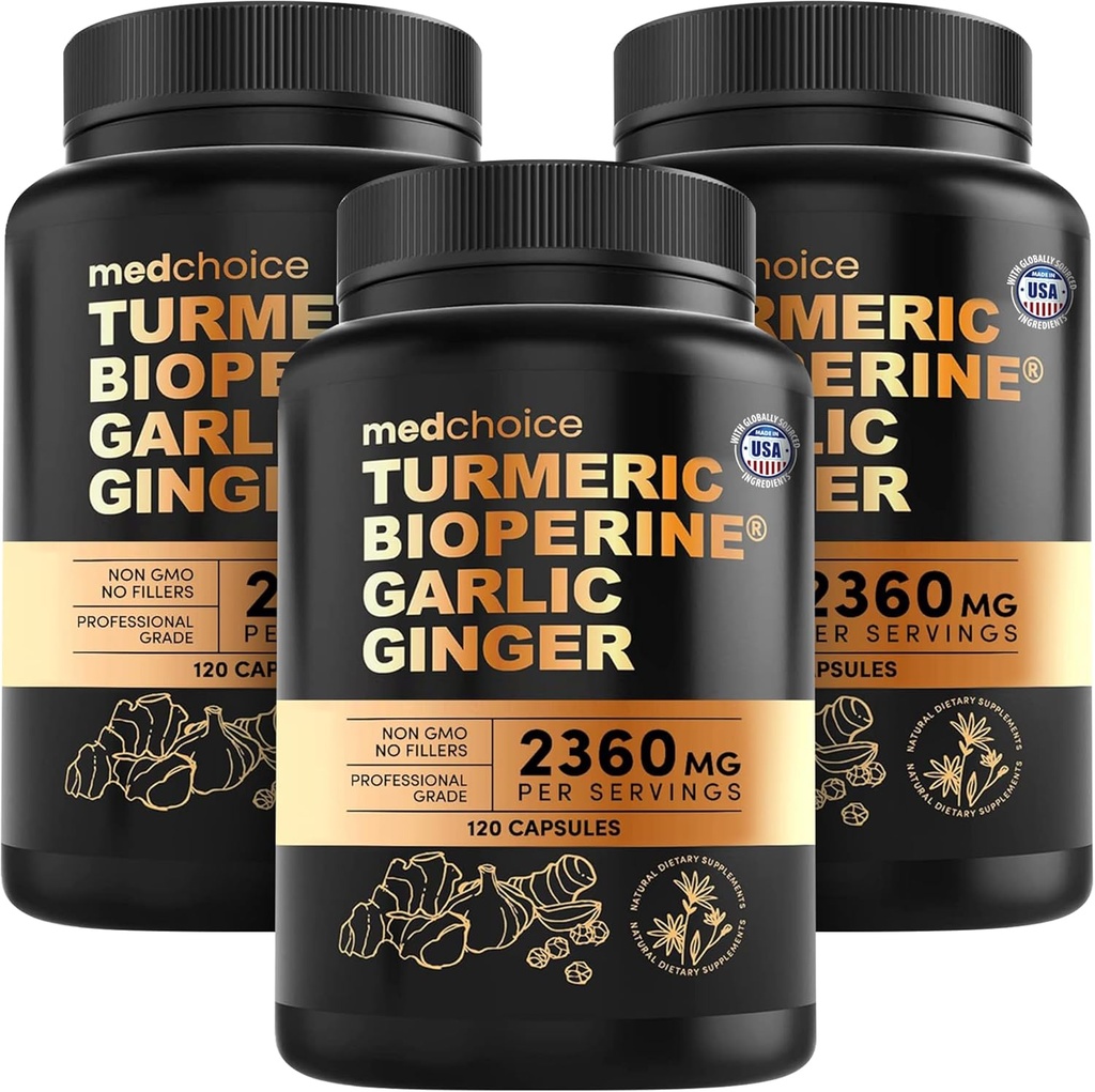 4-in-1 Turmeric and Pack Supplements with BioPerine – 2360 mg Turmeric Ginger Root Capsules with, – High Potency Herbal Mix (120 ct, Pack of 3)