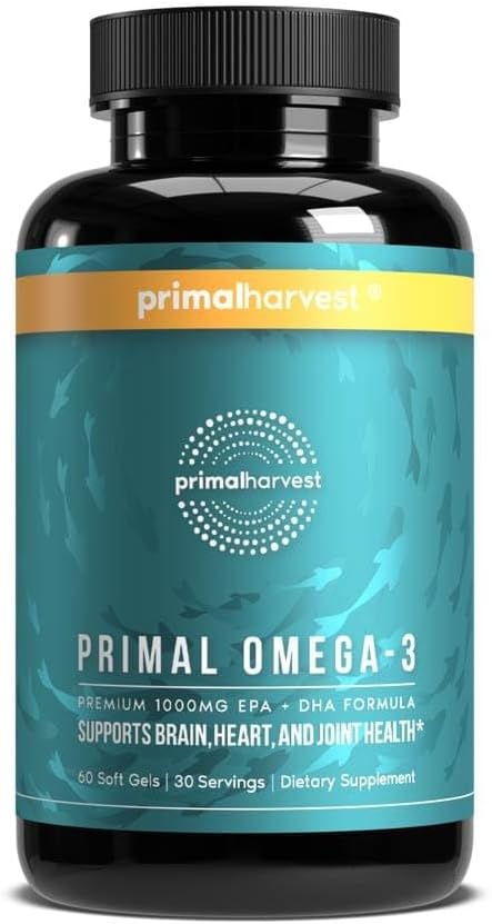Primal Harvest Omega 3 Fish Oil Supplements, 30 Yumuşak Gels Capsules w / 1000 mg EPA + DHA Supplements, No Fishy Burps Non-GMO Omega 3 Fatty Acid