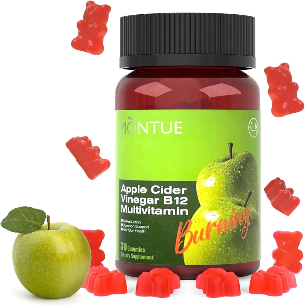 Apple Cider Vinegar Gummies B12 Multivitamin,ACV Supplement Gummy Vitamins,Vejetaryen Supplement for Women & Men,Non GMO, Support Normal Enerji Seviyeleri ve Gut Health 60 Gummies (30)