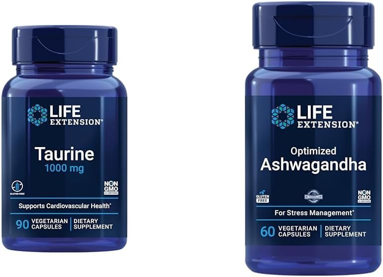 Life Extension Taurine 1000 mg and Ashwagandha 60 Capsules - Brain, Heart, Liver Health and Stress Management Supplement Sche