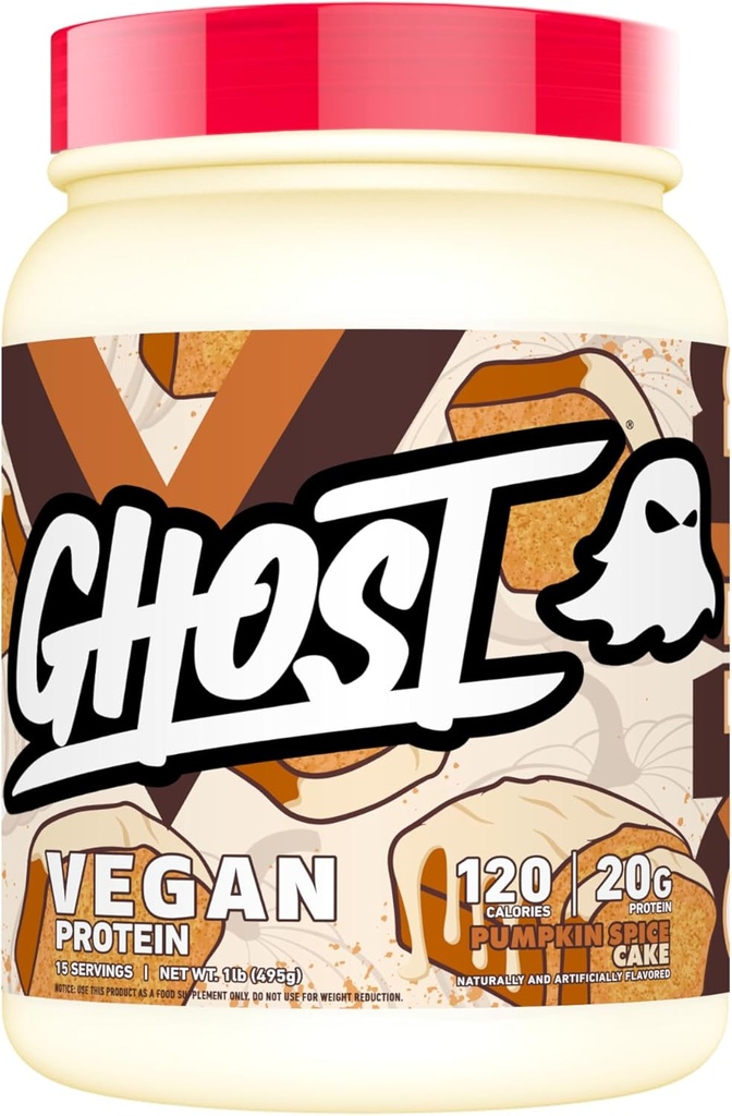 Πρωτεΐνες GHOST σε σκόνη, κέικ κολοκύθας - 1LB Tub, 20G Πρωτεΐνες με βάση τα φυτά, οργανική πρωτεΐνη κολοκύθας και καρπουζιού - - Flavored Post Processout Shakes - Χωρίς σόγια και γλουτένη