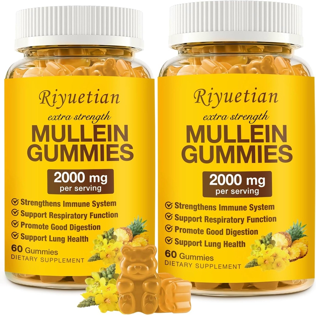 Mullein Gummies, 2000 mg Organik Mullein Leaf Extract for Clear Lungs, Boost Respiratory & Digestive, Immune Branson for Yetişkinler & Kids, Anti-GMO, 120 Gummies