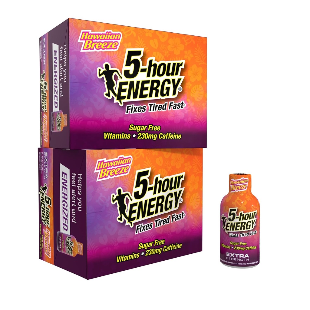 5- Saat ENERJİ Ekstra Kuvvetli Enerji Shot, Hawaiian Breeze Flavor (1.93 oz. - 24 Kont) Zero Calories & Sugar-Free 230 mg Caffeinated Energy Shot, Amino Acids & B Vitamins, Diyetary Supplements