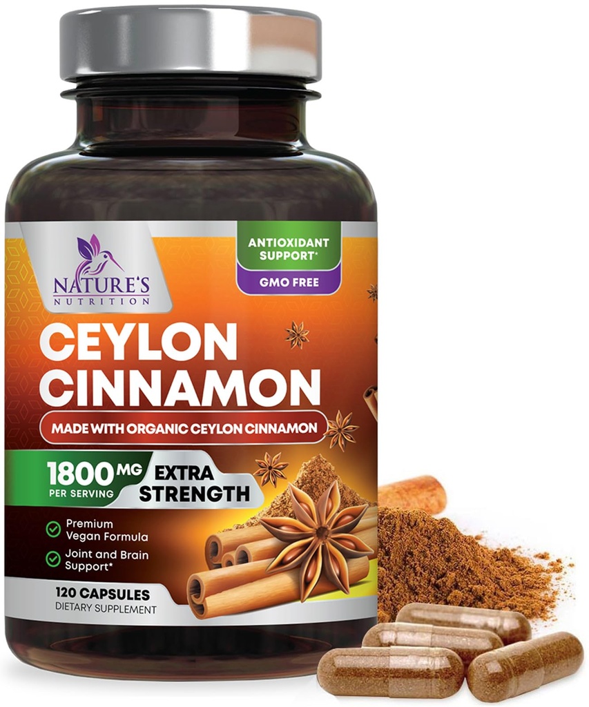 Organik Ceylon Cinnamon Supplement 1800mg - sertifikalı Organik Ceylon Cinnamon Toz Pills - ABD'de Enerji ve Kalp Desteği, Antioksi, Gluten Free, Non-GMO - 120 Capsules