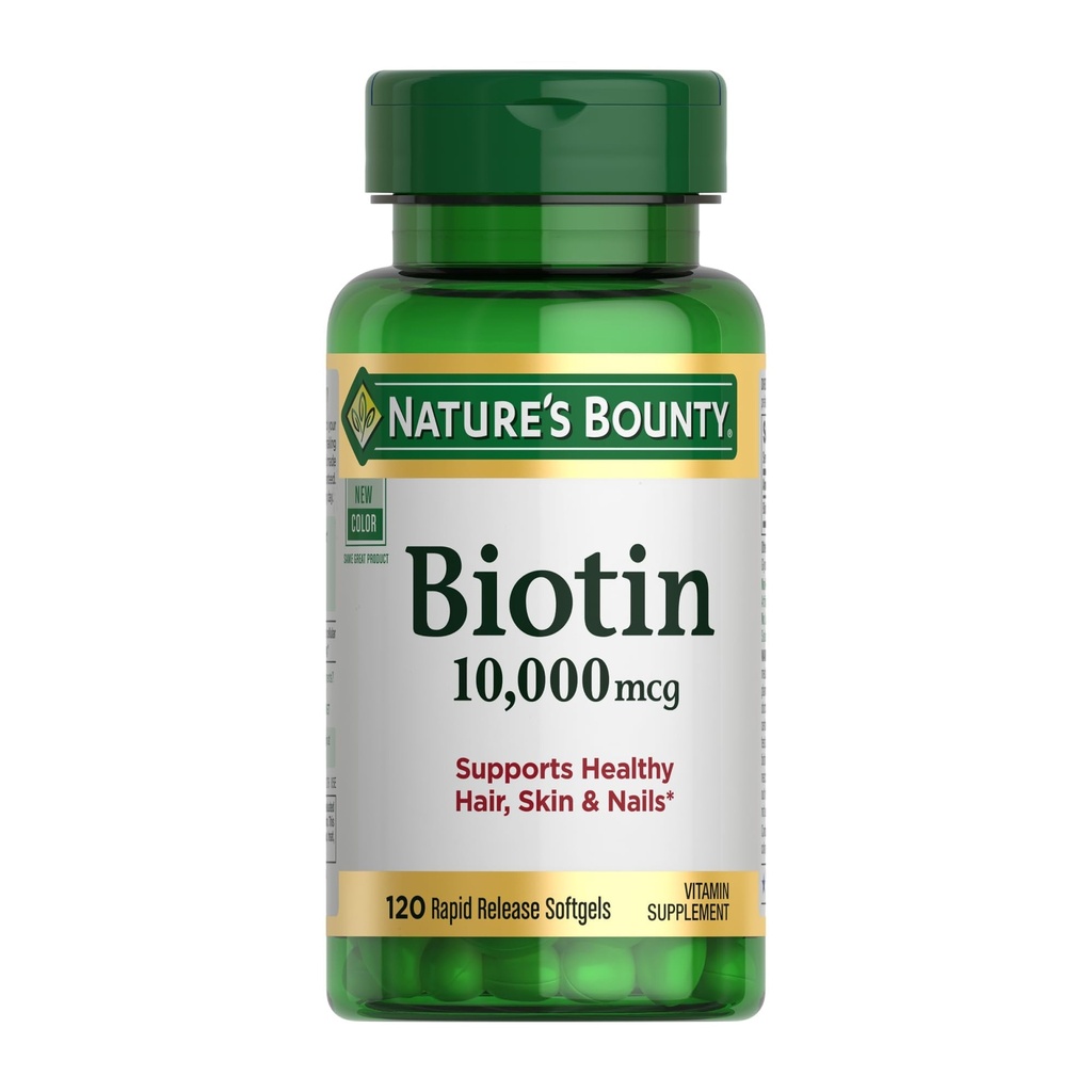 Nature's Bounty Biotin Hair Skin ve Nails, Sağlıklı Saçlar, Cilt ve Çiçekler, 10.000 mcg, 120 Softgels ( 1)