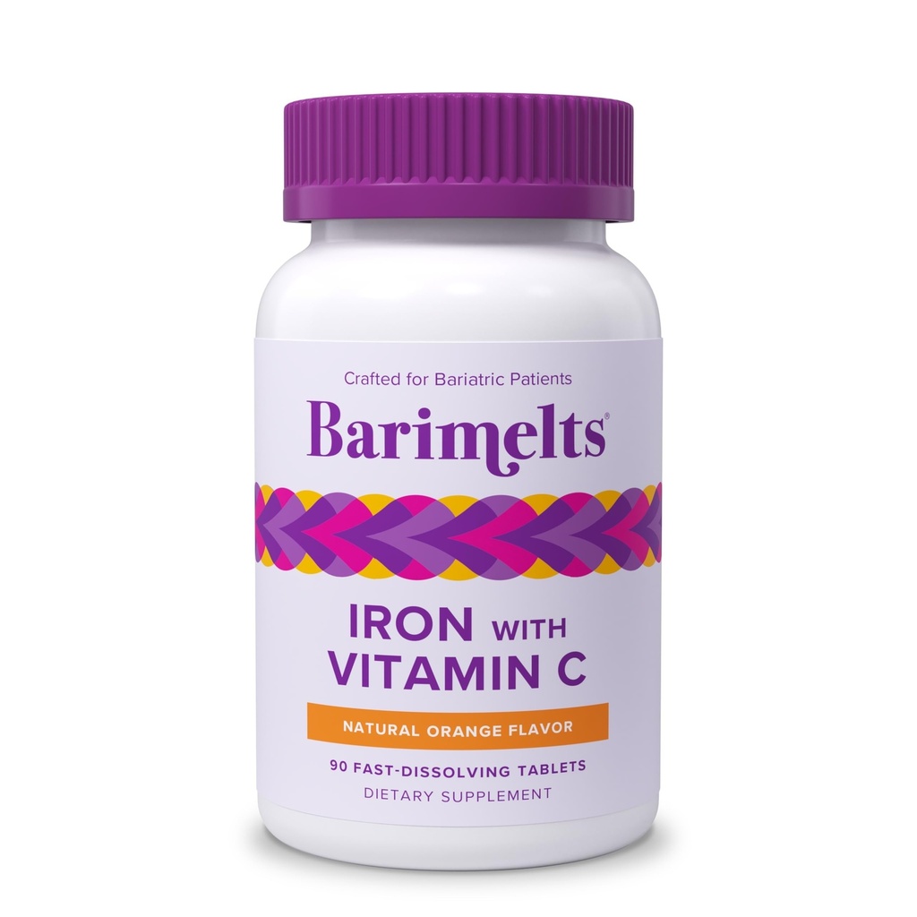 Barimelts Demir Vitamini C, 90 Fast-Dis çözme Tabletleri (1-Month Supply), Kadınlar için Sugar-Free Bariatric Iron Supplement, Natural Orange Flavor