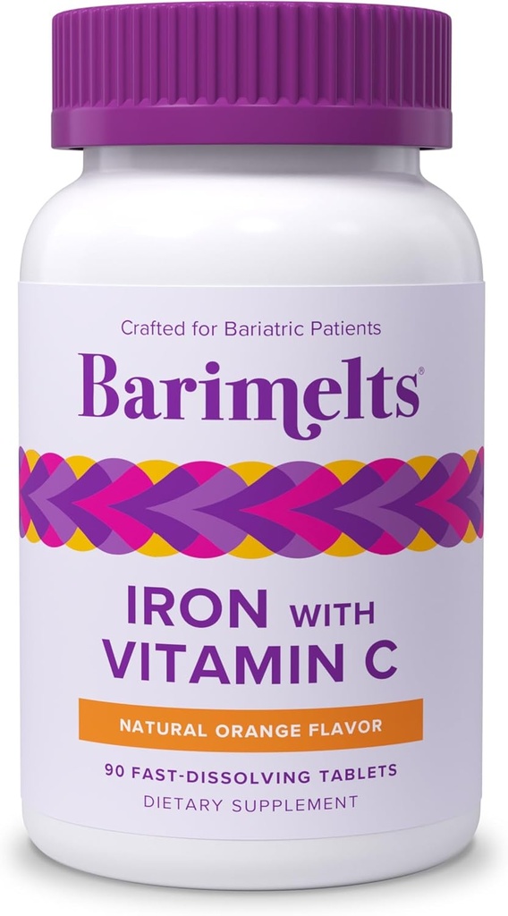 Barimelts Iron with Vitamin C, 90 Fast-Dissolving Tablets (1-Month Supply), Sugar-Free Bariatric Iron Supplement for Women, Natural Orange Flavor​