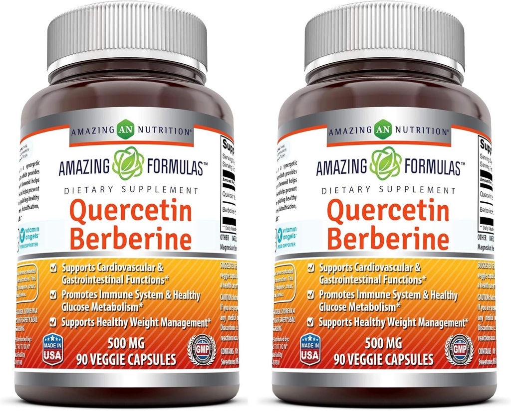 Amazing Formulas Quercetin Berberine | 250 mg Berberine ve 250 mg Quercetin | Veggie Capsules Supplement | Non-GMO | Gluten Free | Made in USA (90 | 2 Pack)