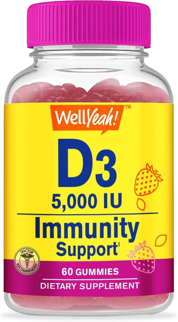 WellEvet D3 5000 IU (125 mcg) Ekstra Strenght Gummies - Bone Health, Immune Branson, Bone and Teeth Support -Non GMO, Gluten Free, Nut Free, Vegetarian -Strawberry Flavor -60 Gummies