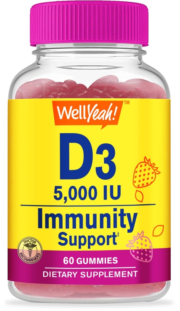 WellEvet D3 5000 IU (125 mcg) Ekstra Strenght Gummies - Bone Health, Immune Branson, Bone and Teeth Support -Non GMO, Gluten Free, Nut Free, Vegetarian -Strawberry Flavor -60 Gummies