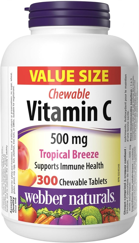 Webber Naturals Vitamin C, 300 Chewable Tropikal Breeze Flavor Tabletleri, 500 mg of Vitamin C Per Tablet, Bones, Teeth, Immune and Antioxy Support, Non GMO, Dairy & Gluten Free