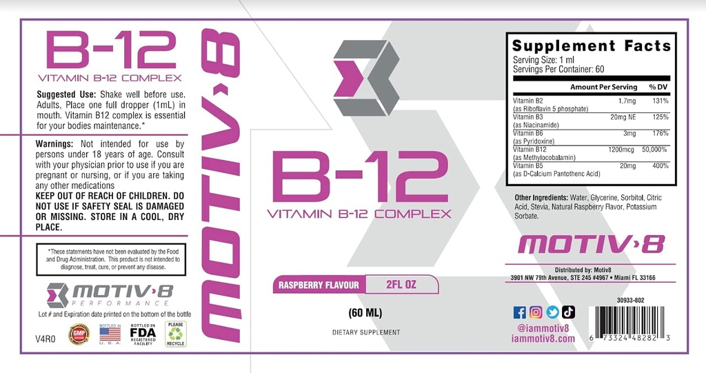 Motiv-8 Essentials B-12 Drops, Sublingual, Easy to Take Liquid Supplement, Supports Eye Health, Brain Energy, Nervous System, Cognition & Memory (60 Hizmet, Raspberry)