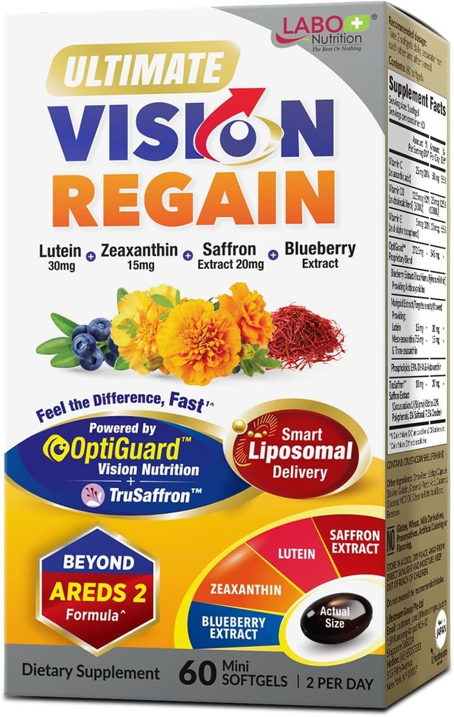 Διατροφή LABO Ultimate VisionREGAIN, Βιταμίνη ματιών πέρα από AREDS 2 Φόρμουλα με λουτεΐνη, Zeaxanthin, εκχύλισμα σαφράν, Βατόμουρο για την υγεία της ωμοπλάτης και της αμφιβληστροειδούς, Κόπωση ματιών, υποστήριξη νυχτερινής όρασης 60 κόμητες