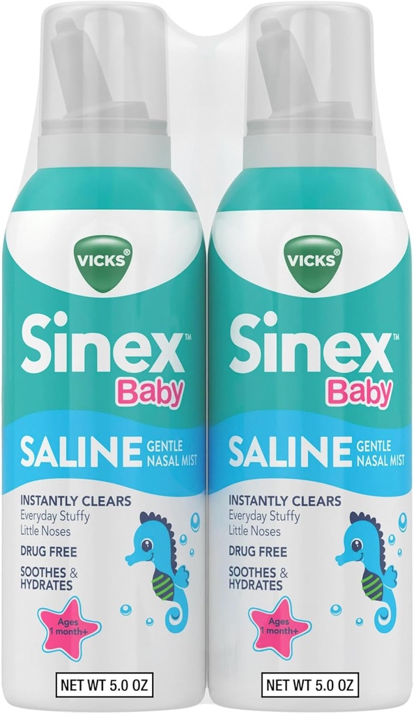 VICKS Sinex Baby Saline Nasal Spray, Drug Free Gentle Nasal Mist, Καθαρίζει άμεσα κάθε μέρα Stuffy Little Noses, Soothes & Hydrates, Ασφαλές για καθημερινή χρήση, Απαλό για όλες τις ηλικίες, 5 OZ x 2