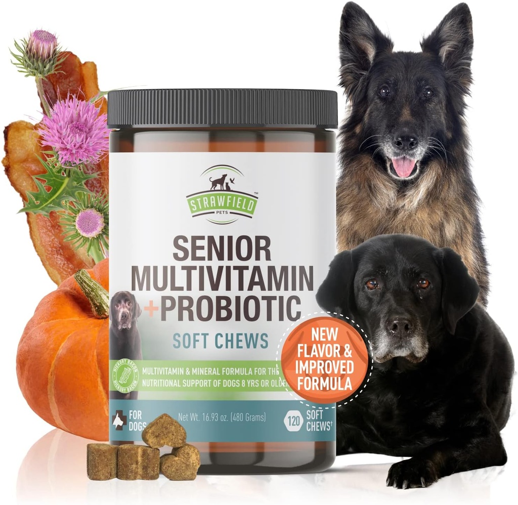 Strawfield Pets Senior Multivitamin + Probiyotiks for Dogs with Milk Thistle Ortak Destek Supplement for Dogs Bacon Flavor 120 Yumuşak Chews