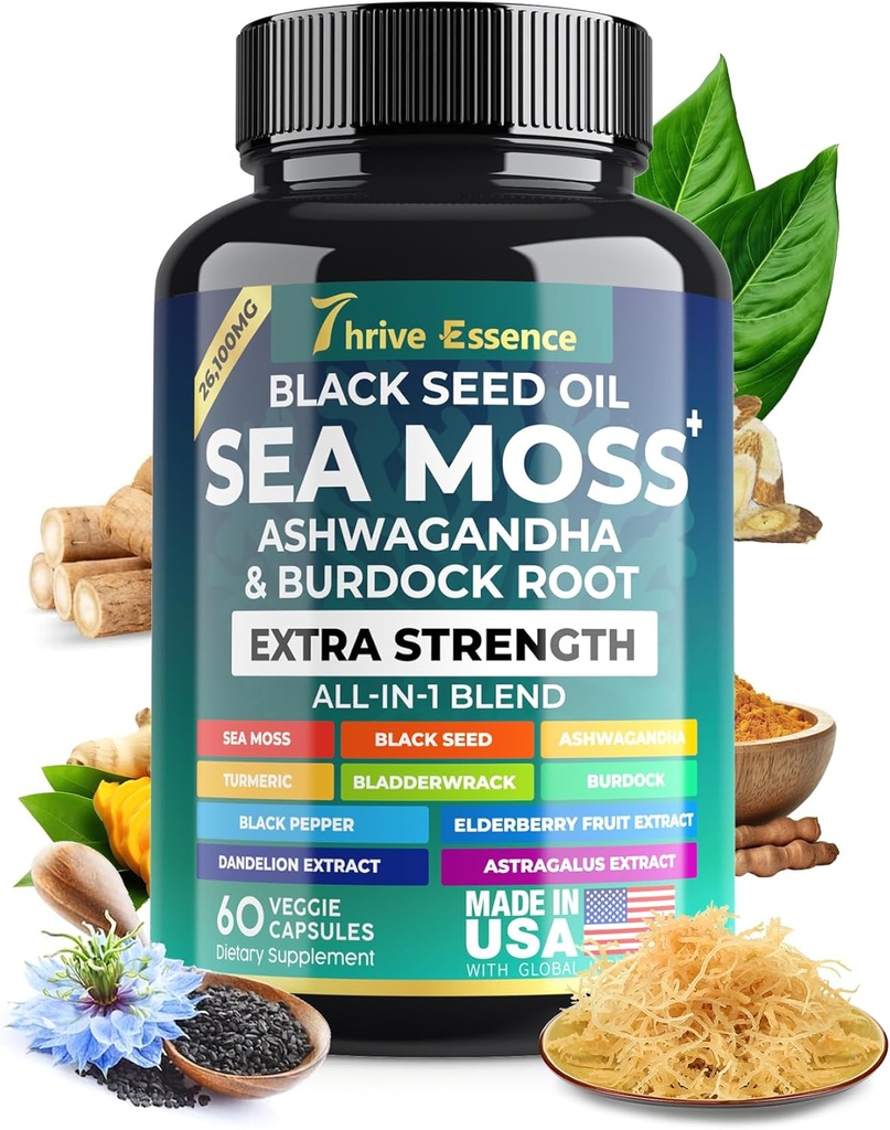 Sea Moss Extract, Black Seed Oil, Ashwagandha, Turmeric & More – 10in-1 Herbal Supplement with Black Pepper & Elder – 60 Capsules