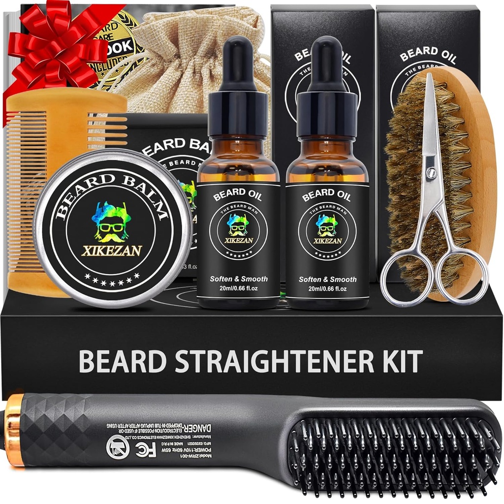 XIKEZAN Beard Kit για τους άνδρες Grooming & Straighting Set,w/Beard Straightener, 2 Pack Oil, Balm, Comb, Ψαλίδι, Βούρτσα, Γενέθλια Valentine Δώρα για τον πατέρα του Άνδρες Boyfriend Χριστούγεννα Stuffers Κάλτσες