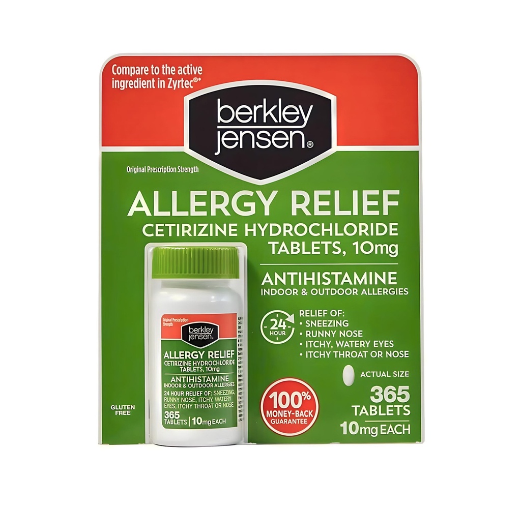 Berkley jensen 24ωρη Αλλεργία Ανακούφιση (365- Count), 10 mg Cetirizine Hydrochloride Antihistamine - Γρήγορη Αλλεργία Ιατρική για Αλλεργίες Εσωτερικού Χώρου & Υπαίθριες, δισκία Easy-Swallow, Σύγκριση με Zyrtec