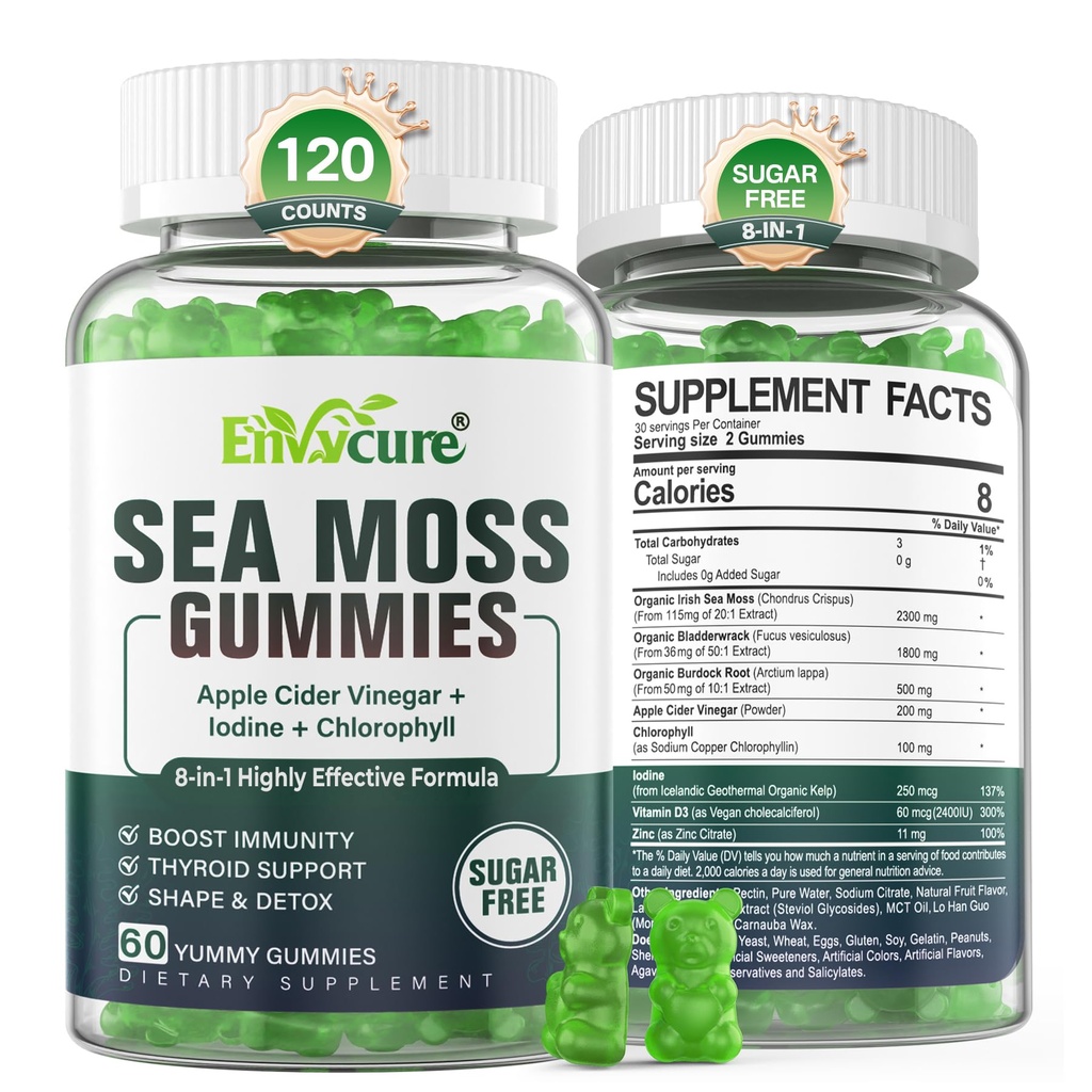 Sea Moss Gummies Sugar-Free, Extra Strength Irish Moss Gel συμπλήρωμα με Ιώδιο, Chlorophyl, Unfiltered ACV, D3, Burdock Root, Bladderwrack για το ανοσοποιητικό, Digestive, Δέρμα, Μαλλιά, Det❤️x, Vegan, 2Pack