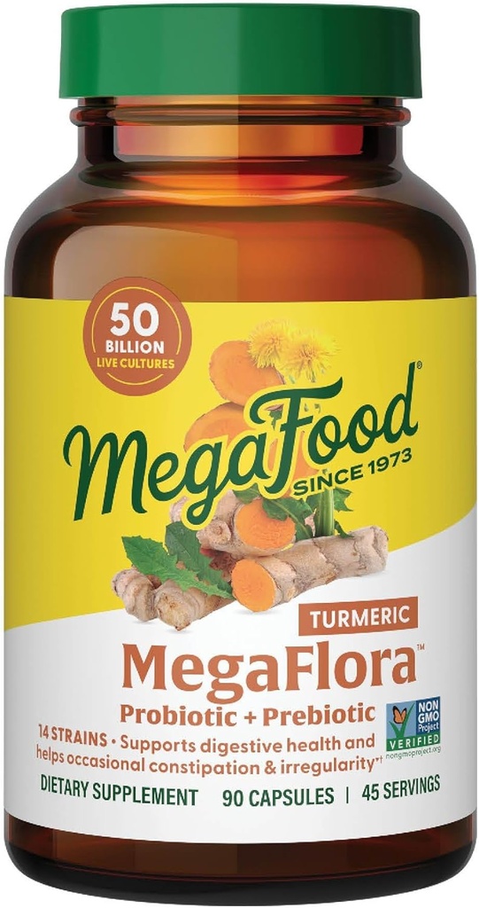 MegaFood MegaFlora Probiyotiks + Prebiyotiks Turmeric Supplement - Prebiyotiks and Probiyotiks for Women and Men, Digestive Health, 50 Milyar CFUs, 14 Strains - 90 Capsules (45 Hizmet)
