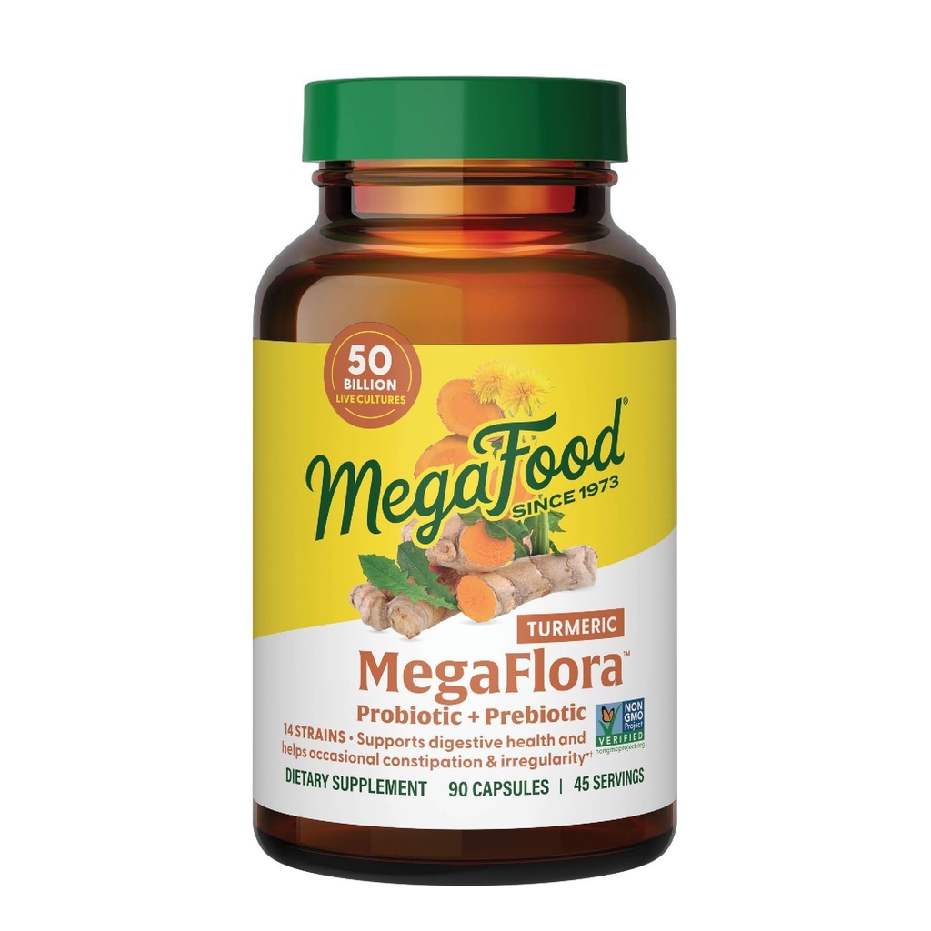 MegaFood MegaFlora Probiyotiks + Prebiyotiks Turmeric Supplement - Prebiyotiks and Probiyotiks for Women and Men, Digestive Health, 50 Milyar CFUs, 14 Strains - 90 Capsules (45 Hizmet)