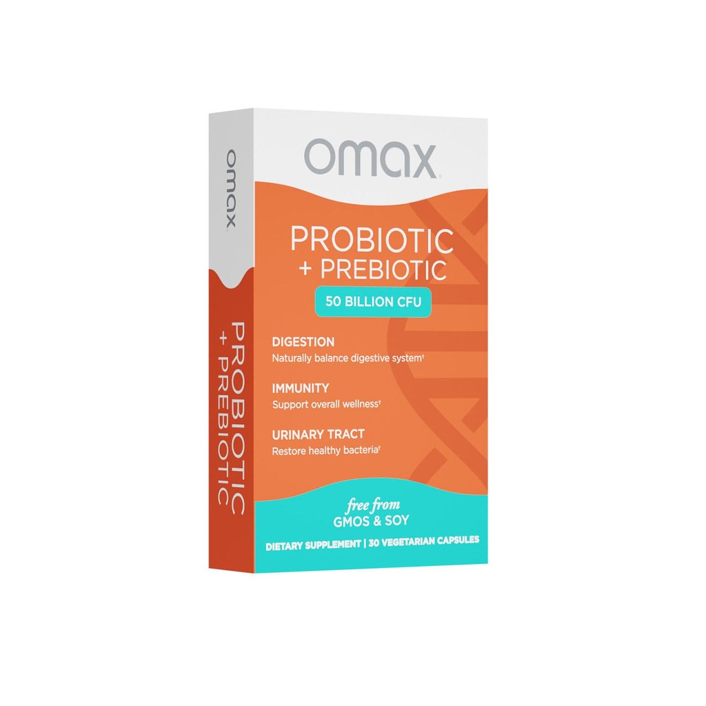 Omax Prebiyotik & Probiyotik 50 Milyar CFU + Chicory Inulin, 10 Strains, Bloating, Digestion, SIBO, Leaky Gut, Vaginal pH, Acidofilius, Vegan, Dairy Free, Gluten Free,
