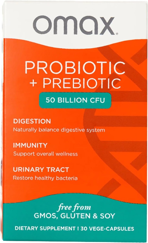 Omax Prebiyotik & Probiyotik 50 Milyar CFU + Chicory Inulin, 10 Strains, Bloating, Digestion, SIBO, Leaky Gut, Vaginal pH, Acidofilius, Vegan, Dairy Free, Gluten Free,