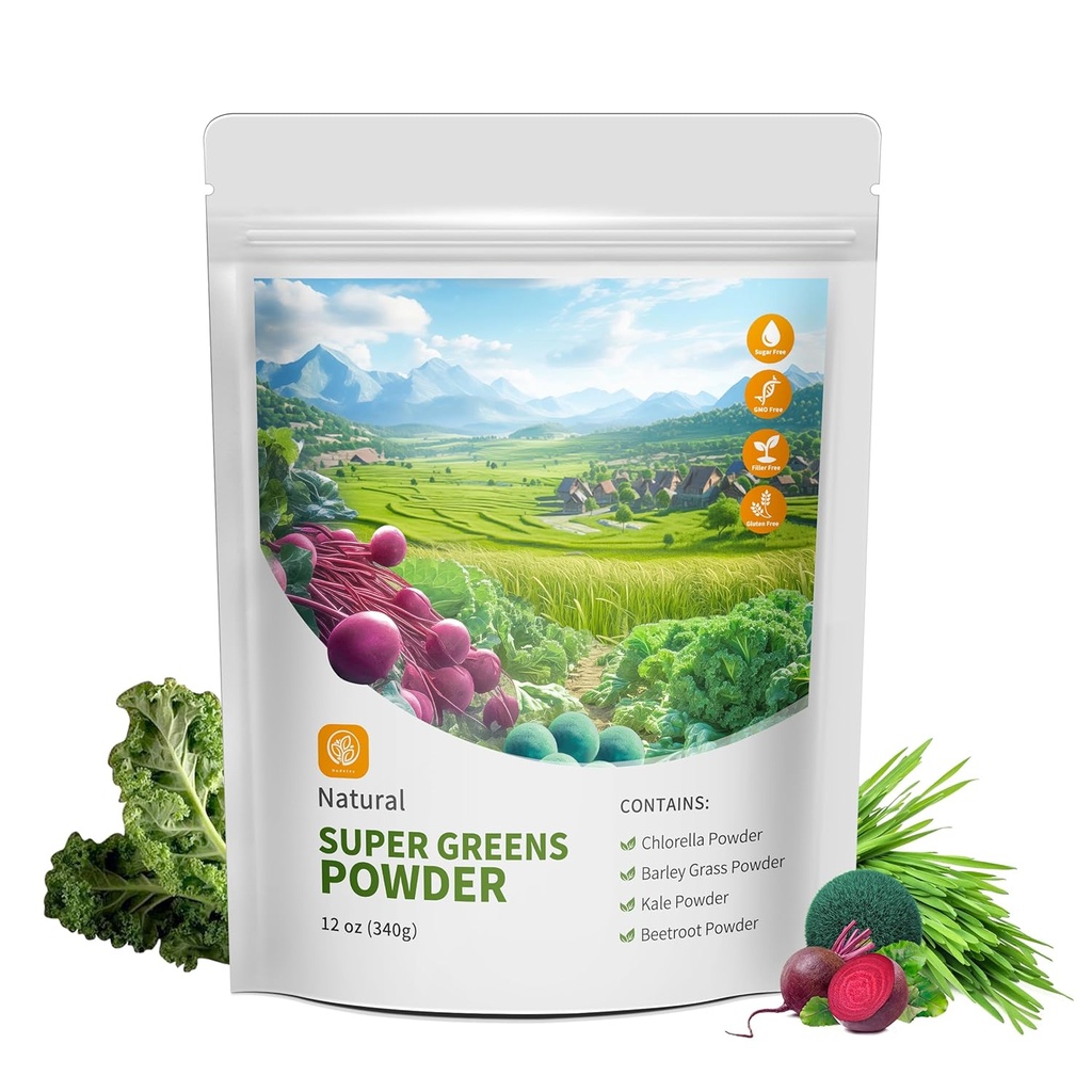 Hudetex Greens Toz Superfood for Immune Support with 12 oz,Greens Toz Smoothie Mix with Chlorella, Barley Grass, Kale & Beetroot Smoothie Poker, Chlorophyll provideing Greens.