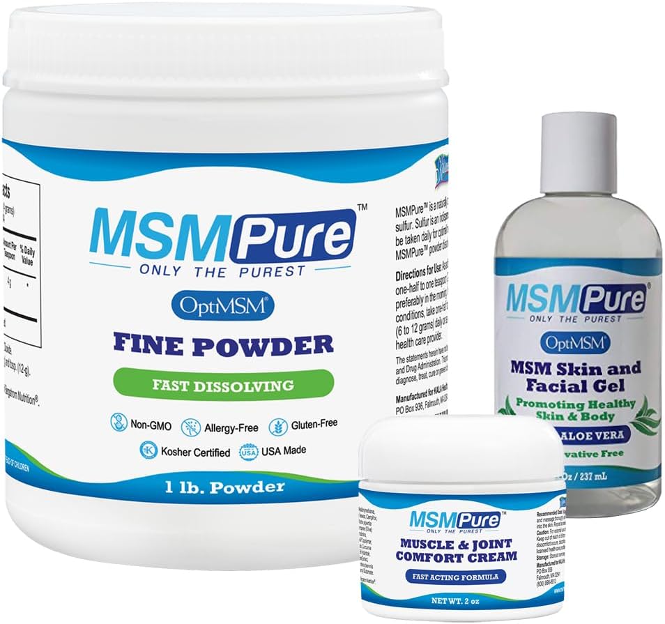 KALA SA MSMPure Start Sche with MSM Fine Toz 1lb, MSM Kas & Ortak Krem 2oz ve MSM Gel, Organik Aloe 8oz 8oz