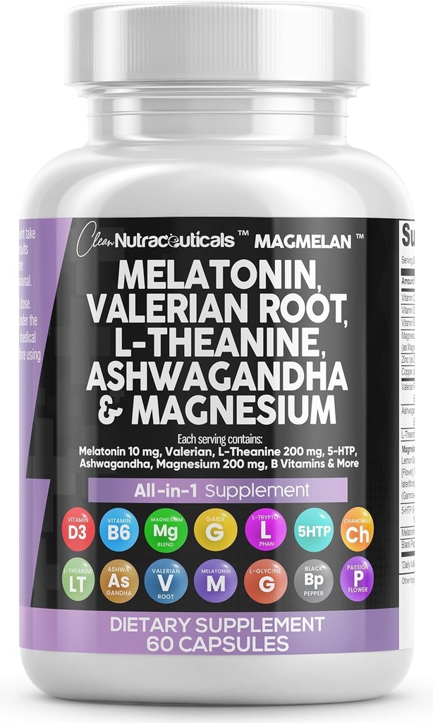 Μελατονίνη 10mg βαλεριάνα ρίζα L Theanine 200mg Ashwagandha - Υποστήριξη ύπνου για γυναίκες & άνδρες με σύμπλοκο μαγνησίου, βάλσαμο λεμονιού, χαμομήλι, & λουλούδι πάθους - 60 Caps