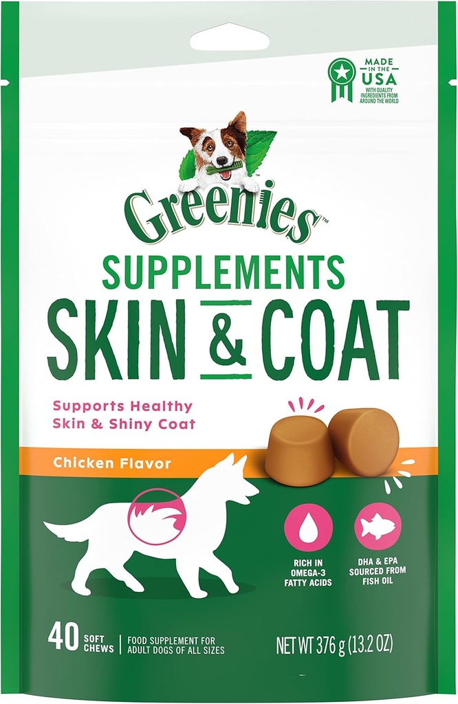 GREENIES Skin & Coat Food Supplements With Fish Oil & Omega 3 Fatty Acids, 40-Count Chicken-Flavor Soft Chews for Adult Dogs of All Dimensions