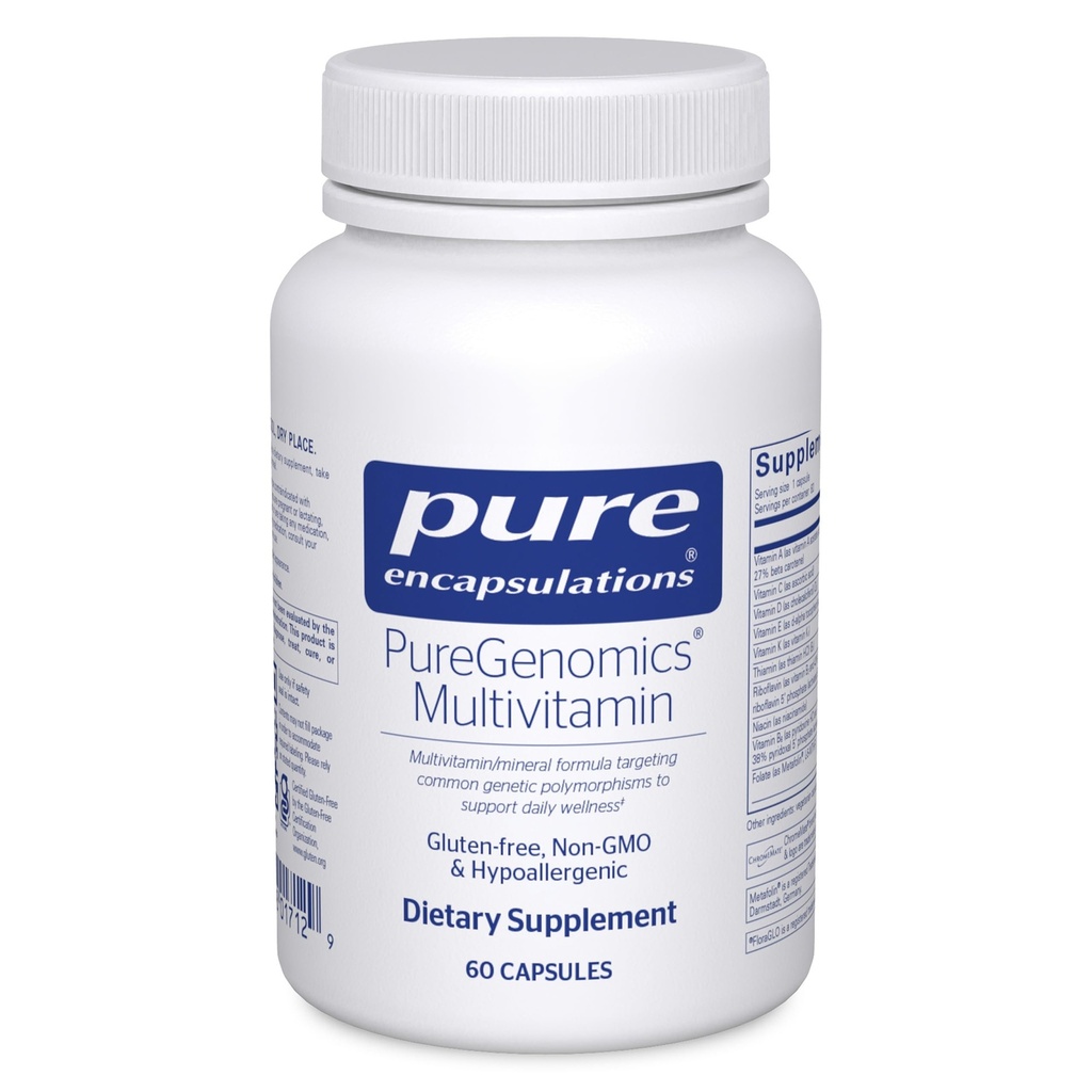 Καθαρές Ενσωματώσεις PureGenomics Multivitamin - Συμπλήρωμα για την υποστήριξη των απαιτήσεων θρεπτικών συστατικών των κοινών γενετικών διακυμάνσεων - με βιταμίνη A,B,C,D,E, K & Minerals - 60 κάψουλες