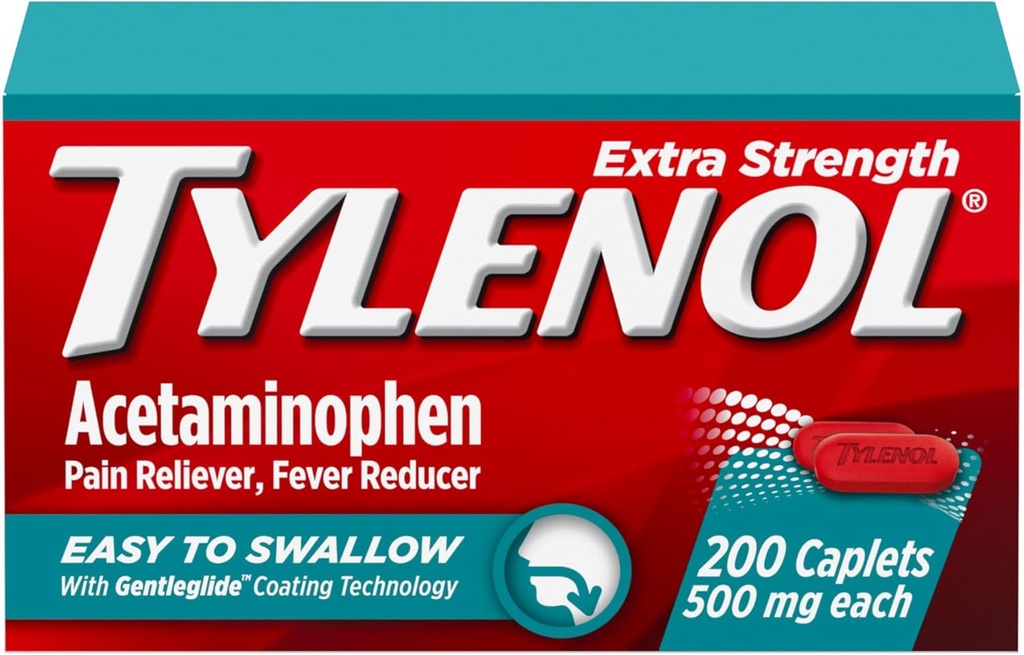 Tylenol Extra Strength Easy to Swallow Acetaminophen, Pain Reliever & Ateş Tespiti, Centglide Teknolojisi ile Yetişkinler için Caplets, 500 mg Ekstra Güçlü Acetaminophen, 200 ct