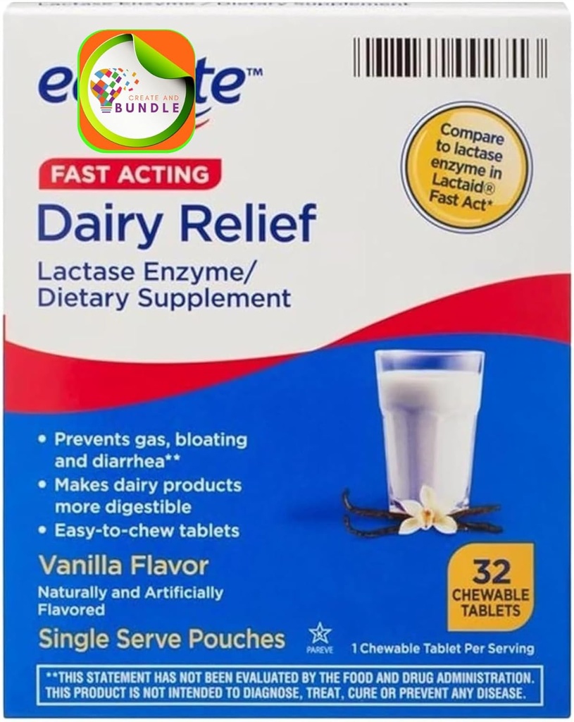 Equate Fast Acting Dairy Relief Lactase Enzyme Diyeter Supplement Vanilla Flavor Katlanabilir Tabletler 32 Kont ( 1) + CreativeAndBundle Version
