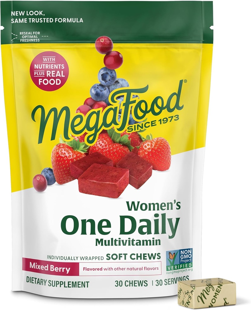 MegaFood Women's One Daily Multivitamin Soft Chews - Multivitamin for Women with Folate, Vitamin B6, B12, Biotin, Vitamin D - Delicious Mixed Berry Flavor - Vegetarian, Non-GMO - 30 Chews