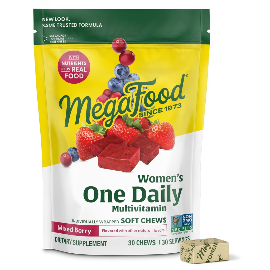 MegaFood Women's One Daily Multivitamin Yumuşak Chews - Folate, B6, B12, Biotin, Vitamin D - Delicious Karma Berry Flavor - Vegetarian, Non-GMO - 30 Chews